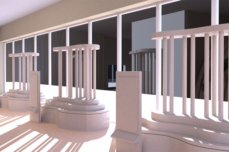 A row of columns in a room with a window, providing architectural elegance and natural light.