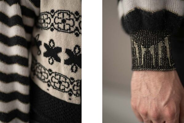 Two images of a man's hands wearing a sweater with a black and white pattern.
