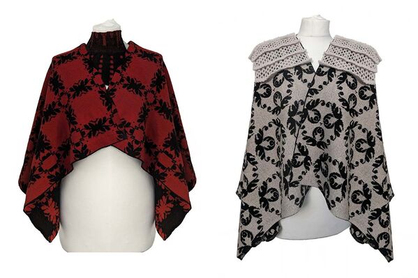 Two ponchos with black and red designs, showcasing distinct styles.