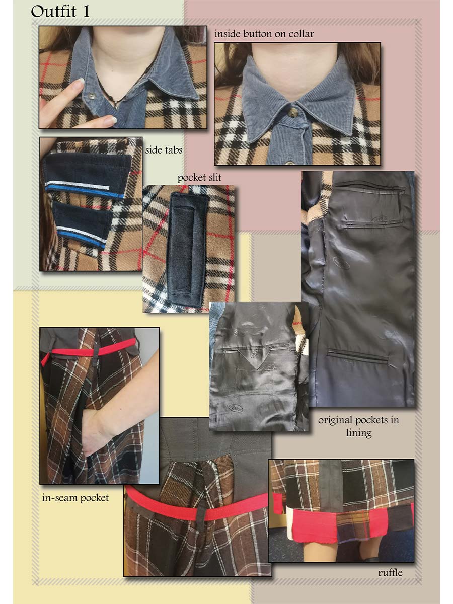 close up details of design features of plaid clothing.