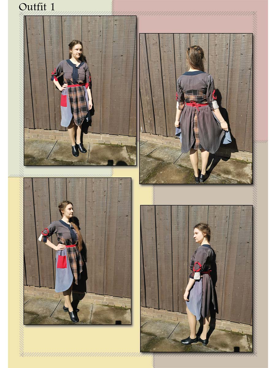 Four images capturing a woman in various poses wearing a dress and skirt.