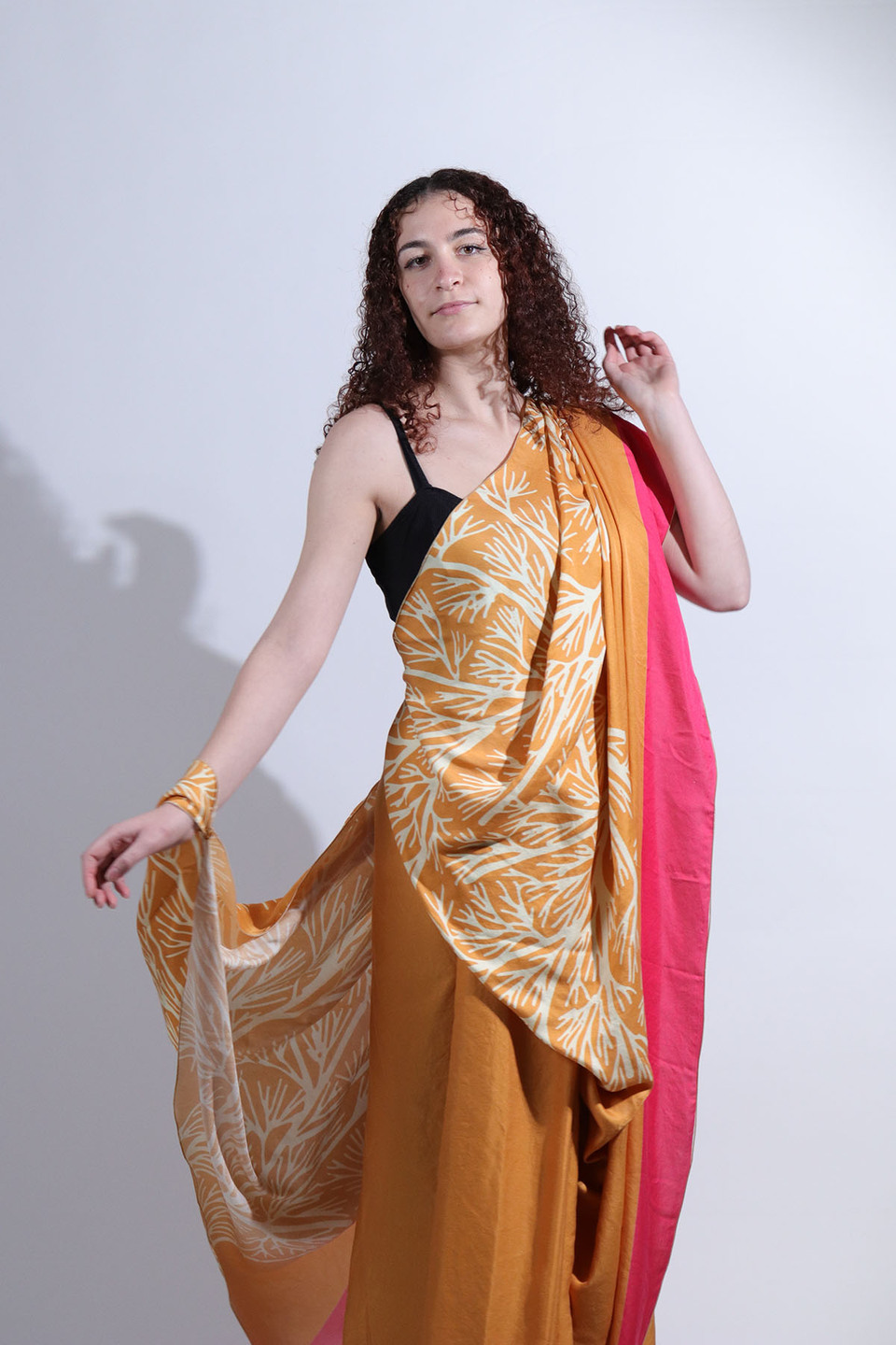 Model wearing pale brown sari from the collection 'Revive' by Anula Narasimhan