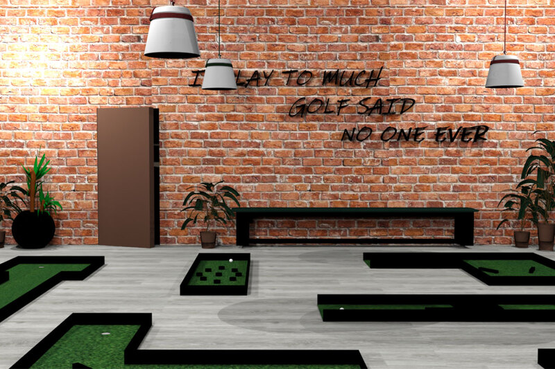 Interior with brick wall and green putting green, creating a unique and stylish space.