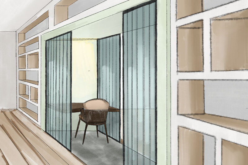  An illustration of a room featuring a table and chairs, perfect for private study or meetings.
