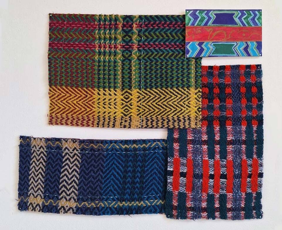 Four colorful textiles with unique patterns displayed together.