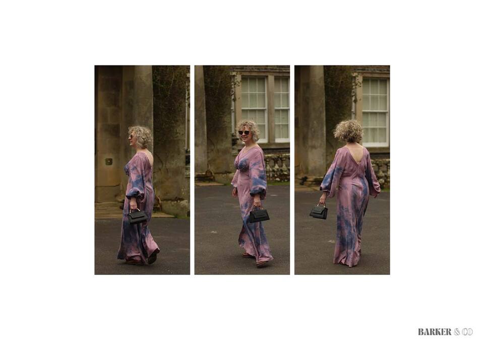 Series of pictures featuring a woman in a charming pink outfit.