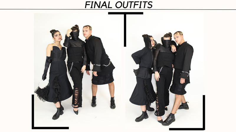 Final outfits in black worn by two women and one male model for Eve Sommerfeld's design collection 'Losing Control'