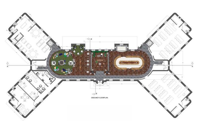 Plan view of development showing room layouts for main hall and wings.