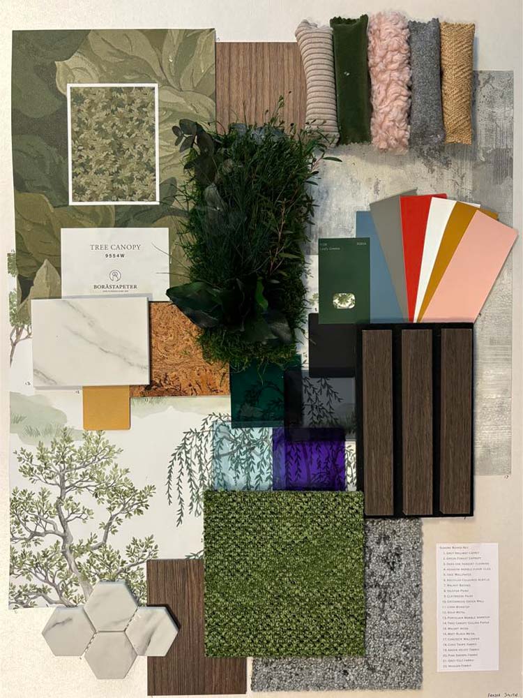 Wilson Hall moodboard showcasing a collection of different materials, colours, textures and plants.