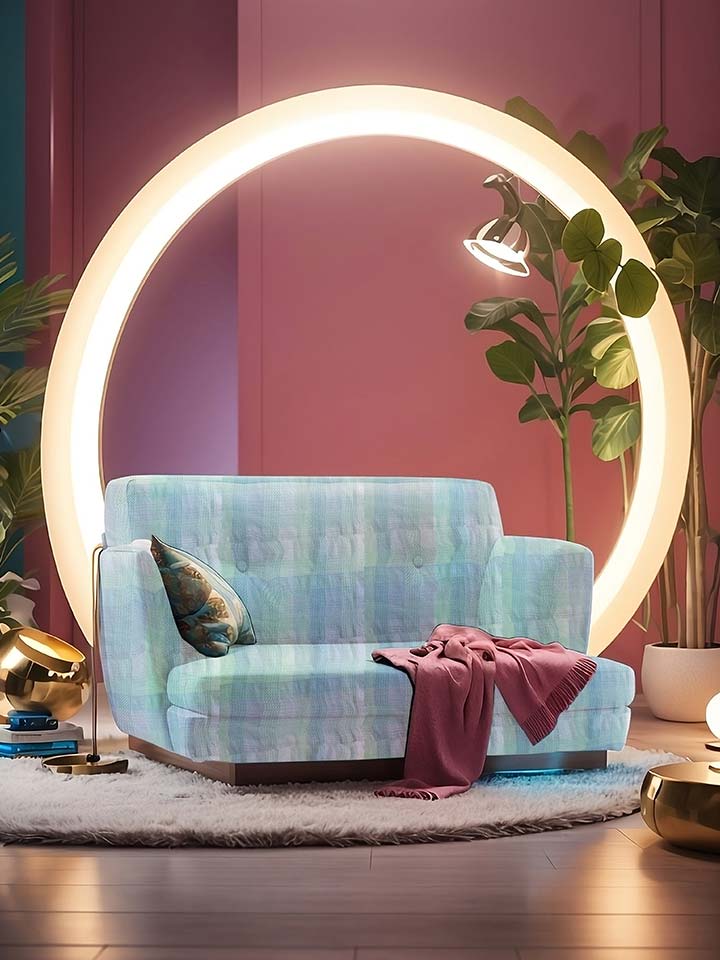 A vibrant living room with a circular light fixture, adorned in pink and blue hues.