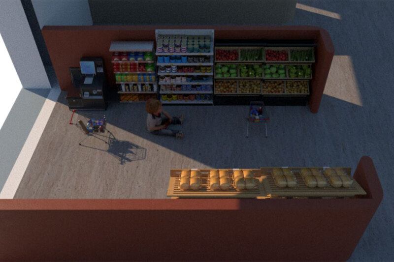 A 3D rendering of a grocery store with a man and woman shopping for groceries.