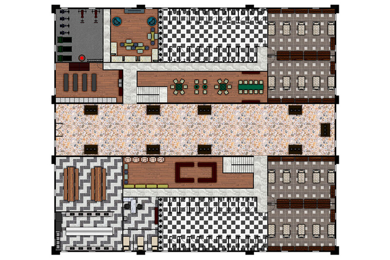 A floor plan of a building with multiple rooms, showcasing the layout and arrangement of the different spaces.