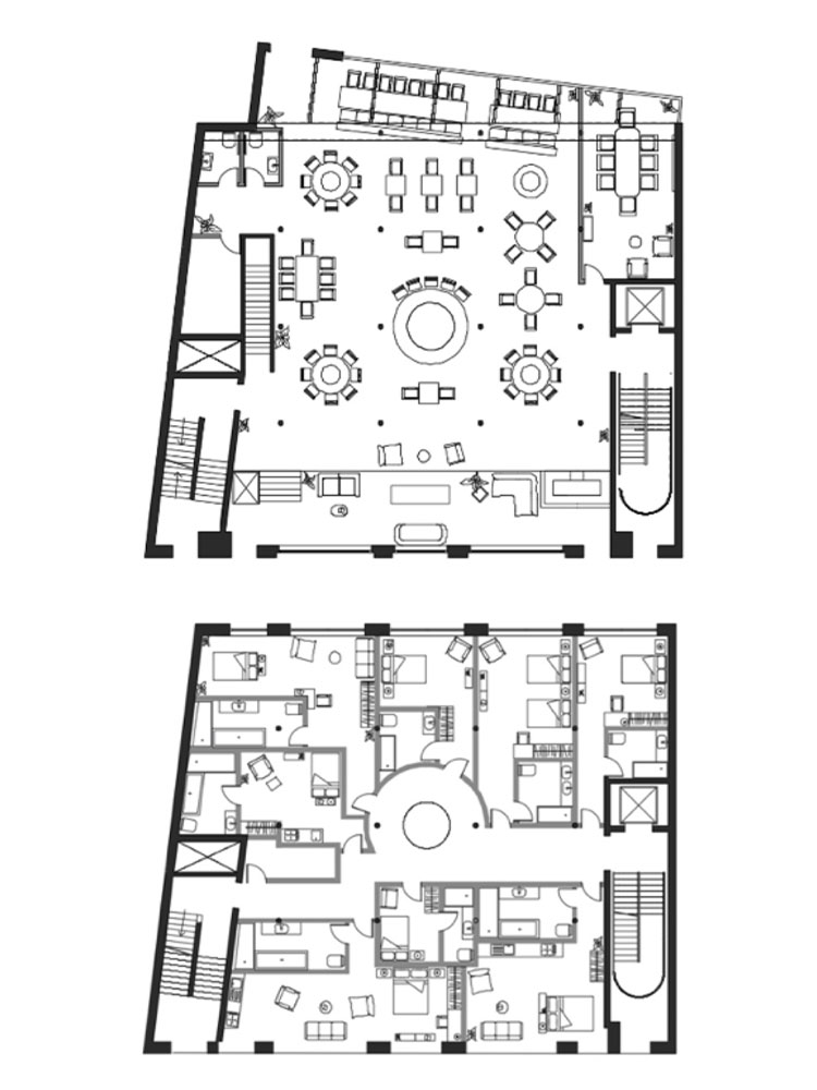 Floor plans of a hotel room with a dining area, showing layout of space and furniture placement.