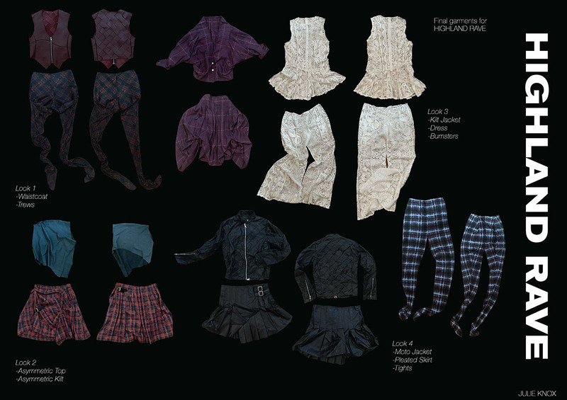 Final garments for HIGHLAND RAVE, a design collection by Julie Knox featuring waistcoat, trews, kilt jacked, dress, bumsters, asymmetric top, asymmetric kilt, moto jacket, pleated skirt and tights