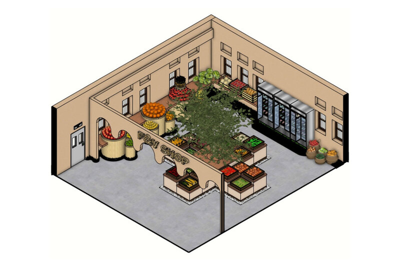 A room rendered in 3D showing floorspace with an assortment of plants.