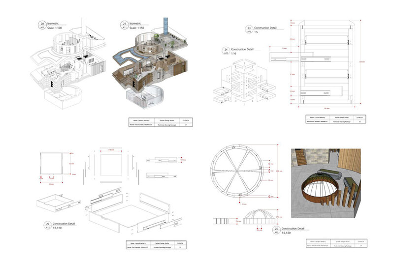 Architectural drawings and diagrams of a building showcasing its design and structure.