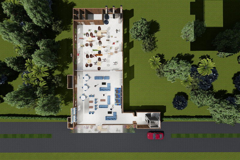 A 3D rendering of a building with ample space for outdoor activities.