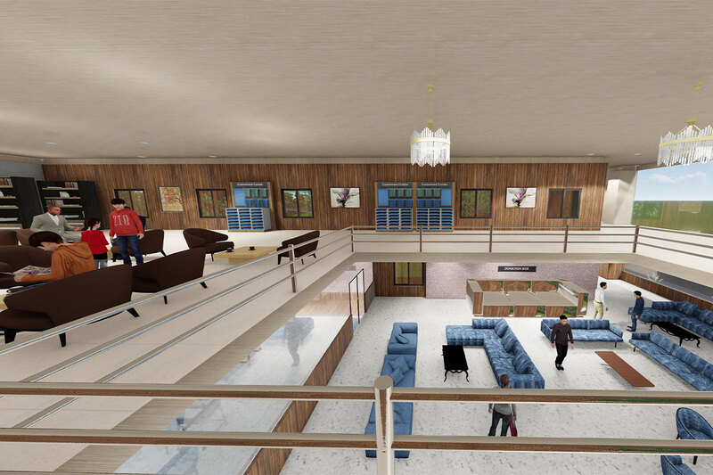 A 3D rendering of a spacious room over two floors filled with people engaged in various activities.