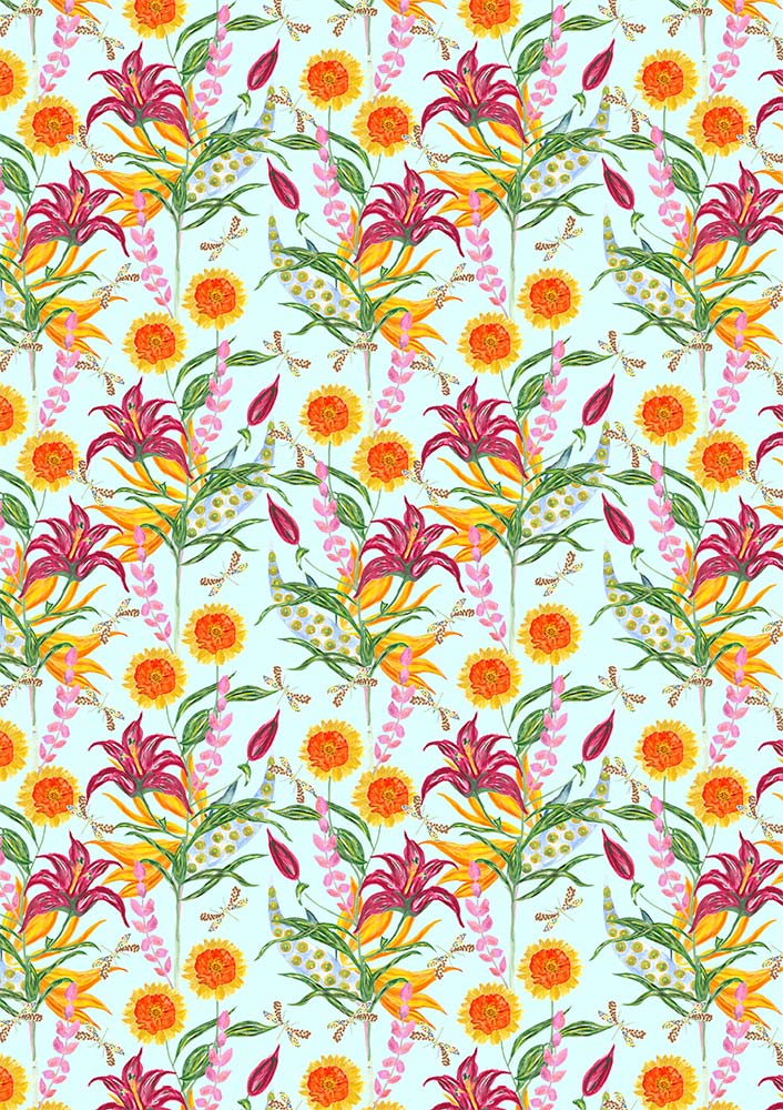 A vibrant floral pattern featuring orange and yellow flowers.