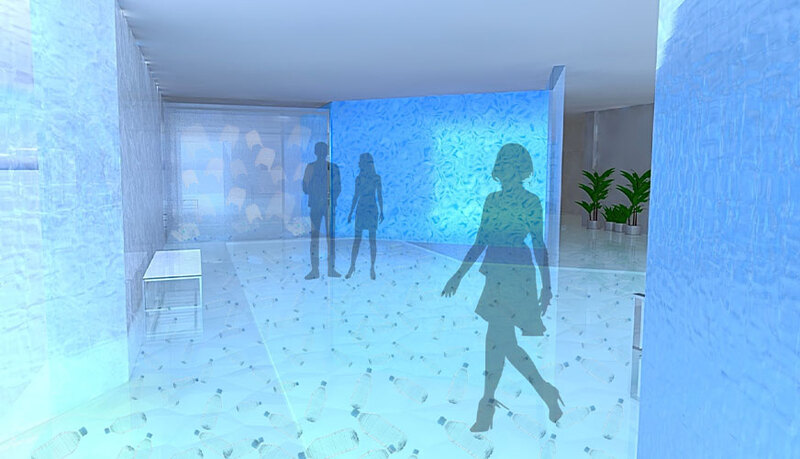 A room filled with people illuminated by a vibrant blue light.