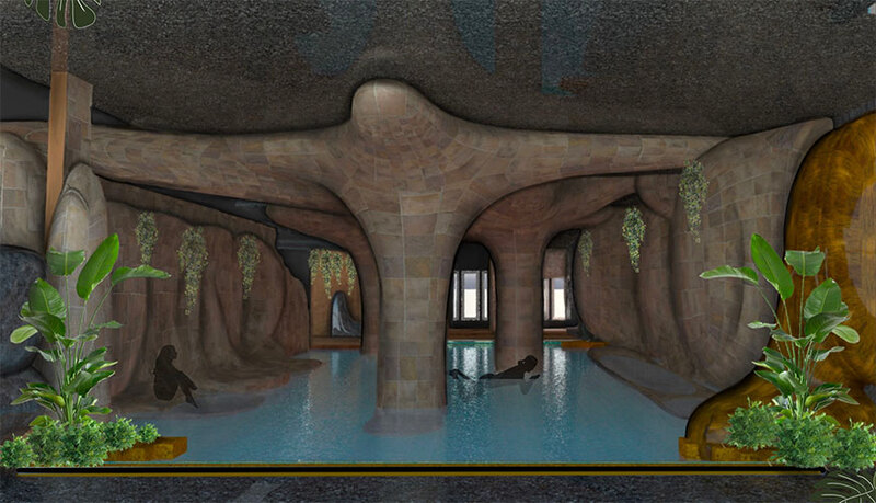 A serene cave with a lush pool and vibrant plants, creating a tranquil oasis in nature's embrace.