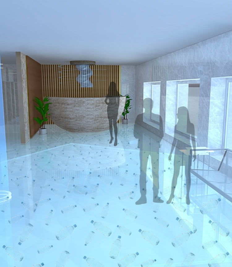 A lobby with people standing, featuring modern decor and natural lighting.