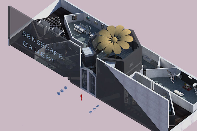 A 3D model of a building with a flower on top, showcasing architectural design with a touch of nature.