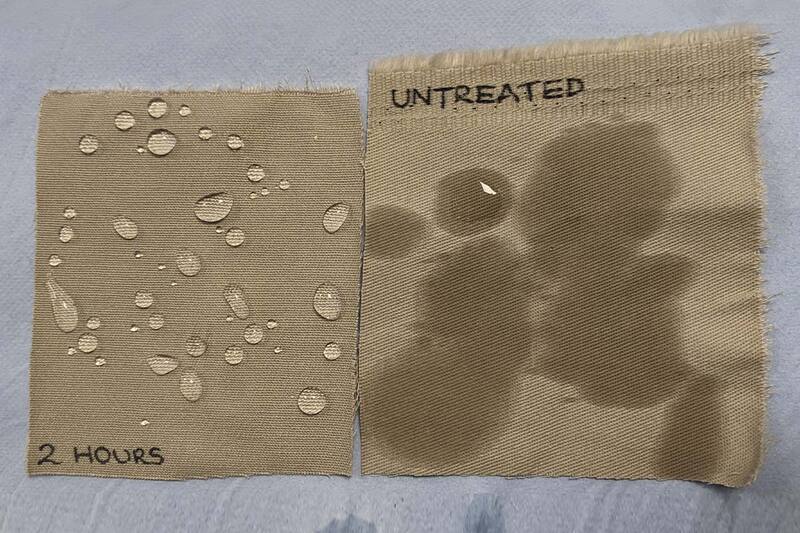 Two brown pieces of fabric with water droplets, showcasing the water resistance of both..