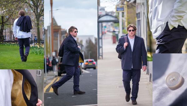 A collage of images capturing a man strolling down the street, showcasing various perspectives and moments.