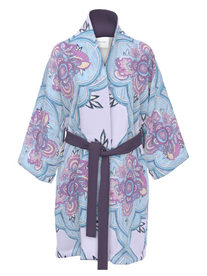 A women's robe with purple and blue floral pattern.