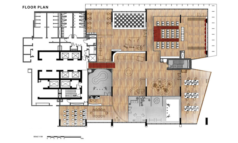 Floor plan of studio with different areas planned out.
