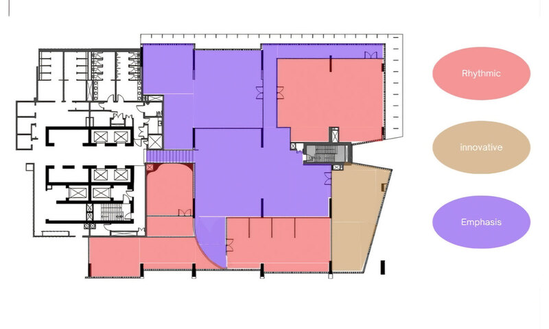 A colorful floor plan of a building showcasing various sections and rooms.