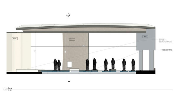 A sketch of a building with individuals gathered outside, possibly indicating a social gathering or event.