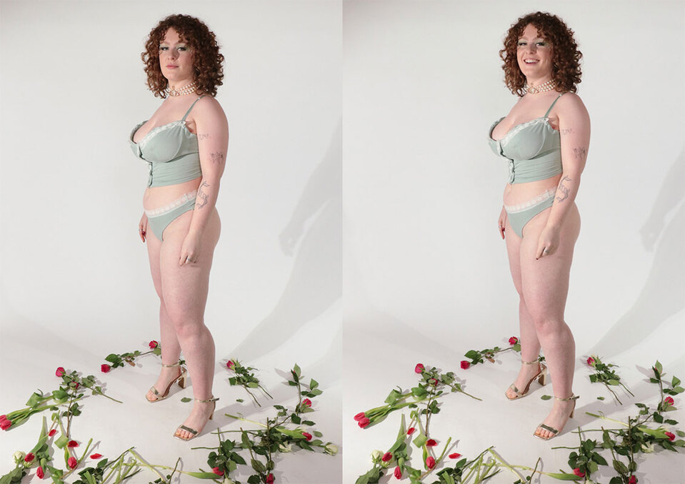 A woman in green underwear poses with a rose in two images.