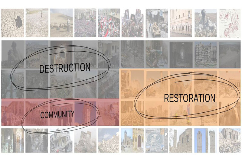 Collage of images depicting destruction and restoration stages.